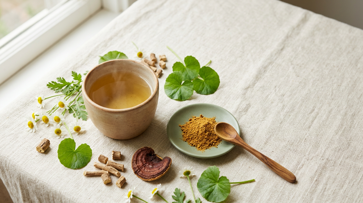 Flat-lay of mood-supporting herbs: golden herbal tea, chamomile flowers, gotukola leaves, ashwagandha root, reishi and amber powder on cream linen