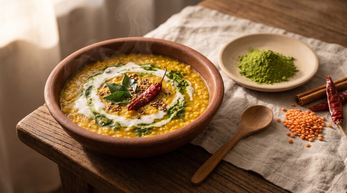 A clay bowl of golden red lentil dhal swirled with coconut milk and green moringa, topped with curry leaves and a dried red chilli, beside a dish of moringa powder