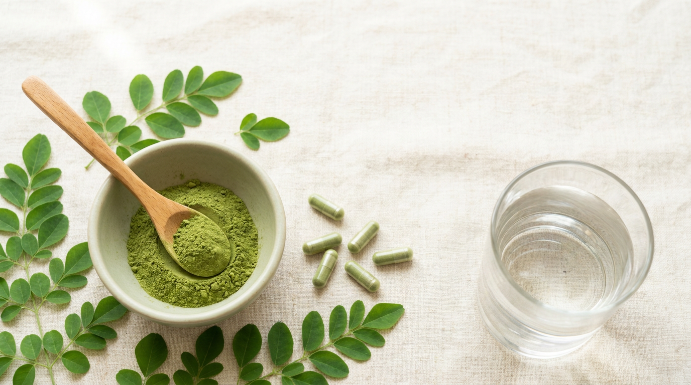 Overhead flat-lay of fresh green moringa leaves, a bowl of vivid green moringa powder with a wooden spoon, plain green capsules, and a glass of water on cream linen.