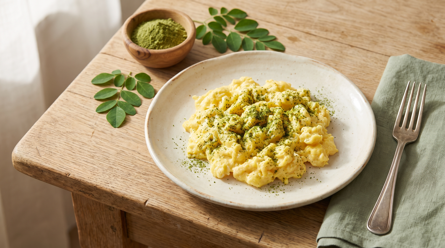 A plate of soft scrambled eggs dusted with bright green moringa powder, beside a wooden bowl of moringa powder and fresh moringa leaves on an oak table