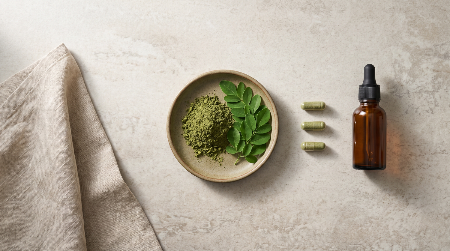 Overhead flat lay of fresh moringa leaves, deep green moringa leaf powder in a ceramic dish, and green capsules on a pale stone counter