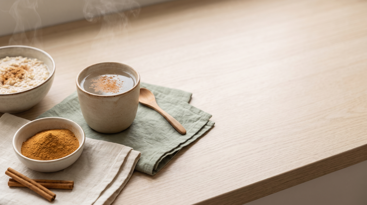 A ceramic cup of warm water dusted with ground Ceylon cinnamon beside a bowl of cinnamon powder, cinnamon quills and a bowl of oat porridge on a sunlit oak kitchen counter.