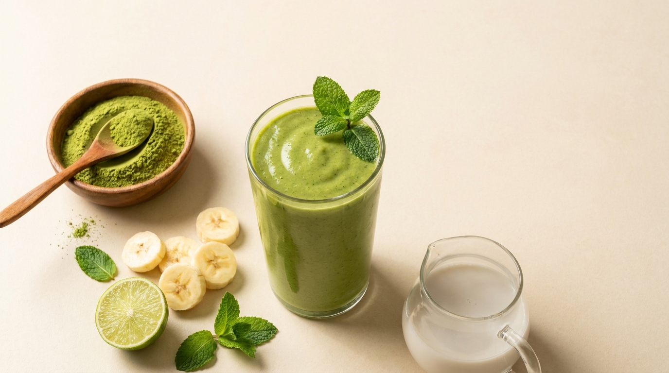A vibrant green moringa smoothie in a clear glass beside a bowl of green moringa powder, banana slices, a halved lime, mint, and a jug of coconut milk on a cream counter.