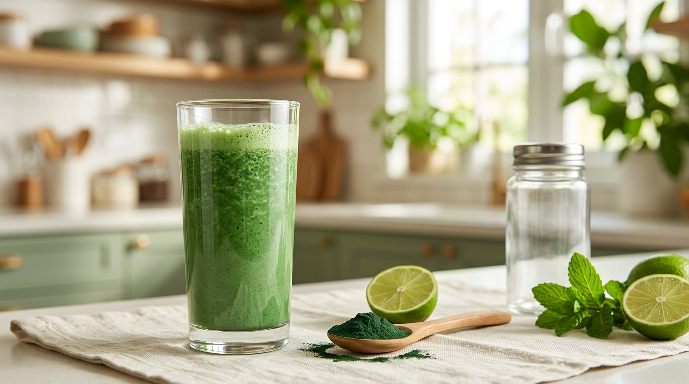 A tall glass of bright green spirulina morning drink beside a wooden spoon of spirulina powder, fresh lime, and mint on a cream linen counter in a sunlit kitchen.