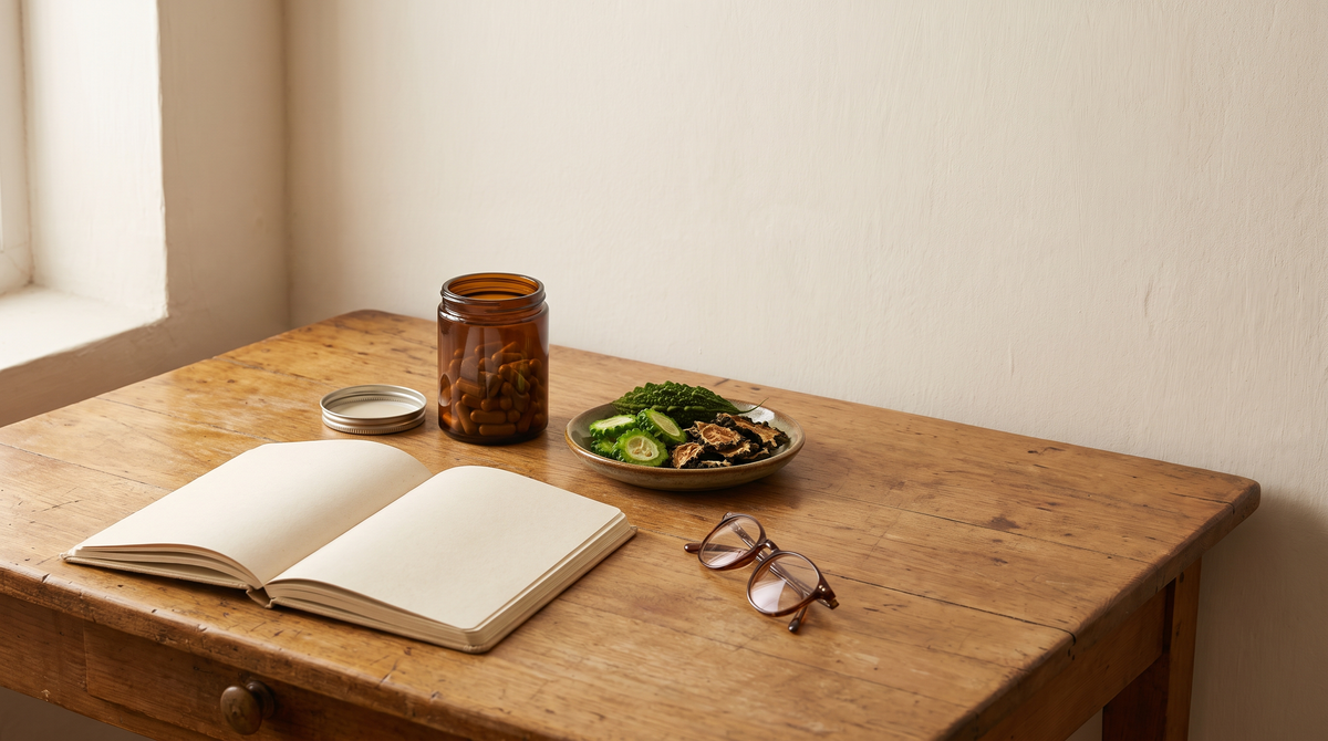 A blank open notebook, an unlabelled amber jar of capsules, and a dish of fresh and dried bitter melon slices on a sunlit wooden desk