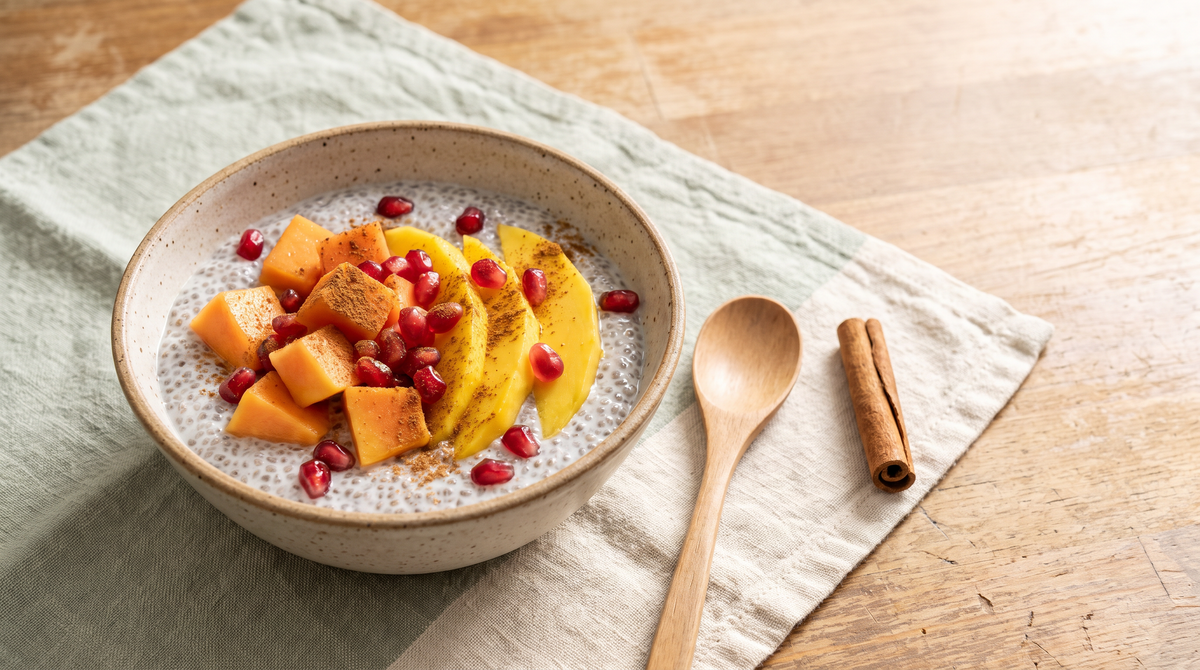 Chia pudding in a ceramic bowl topped with papaya, mango and pomegranate seeds and dusted with Ceylon cinnamon, beside a cinnamon quill and wooden spoon