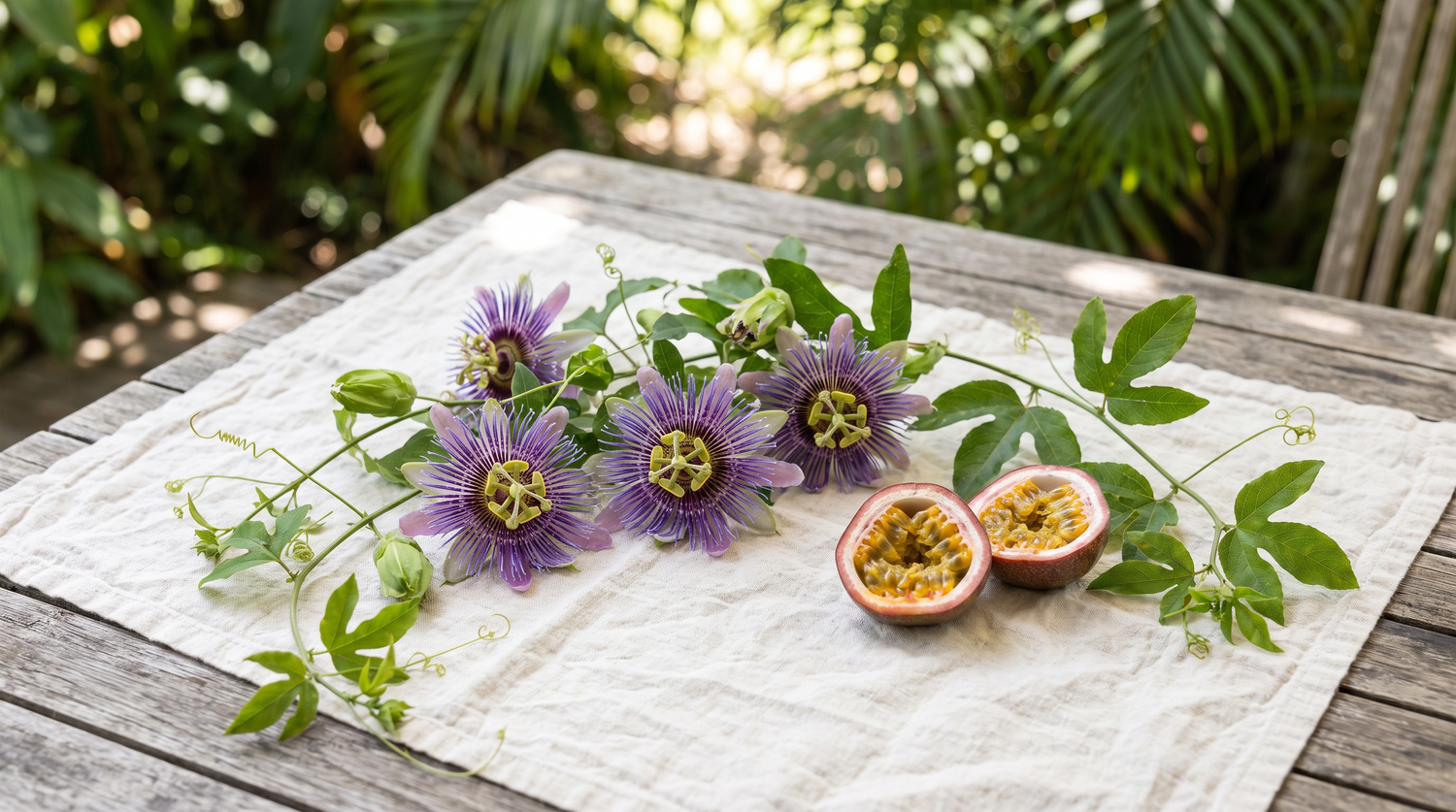 Purple passion fruit flowers with green vines and two halved passion fruits on cream linen in a sunlit garden