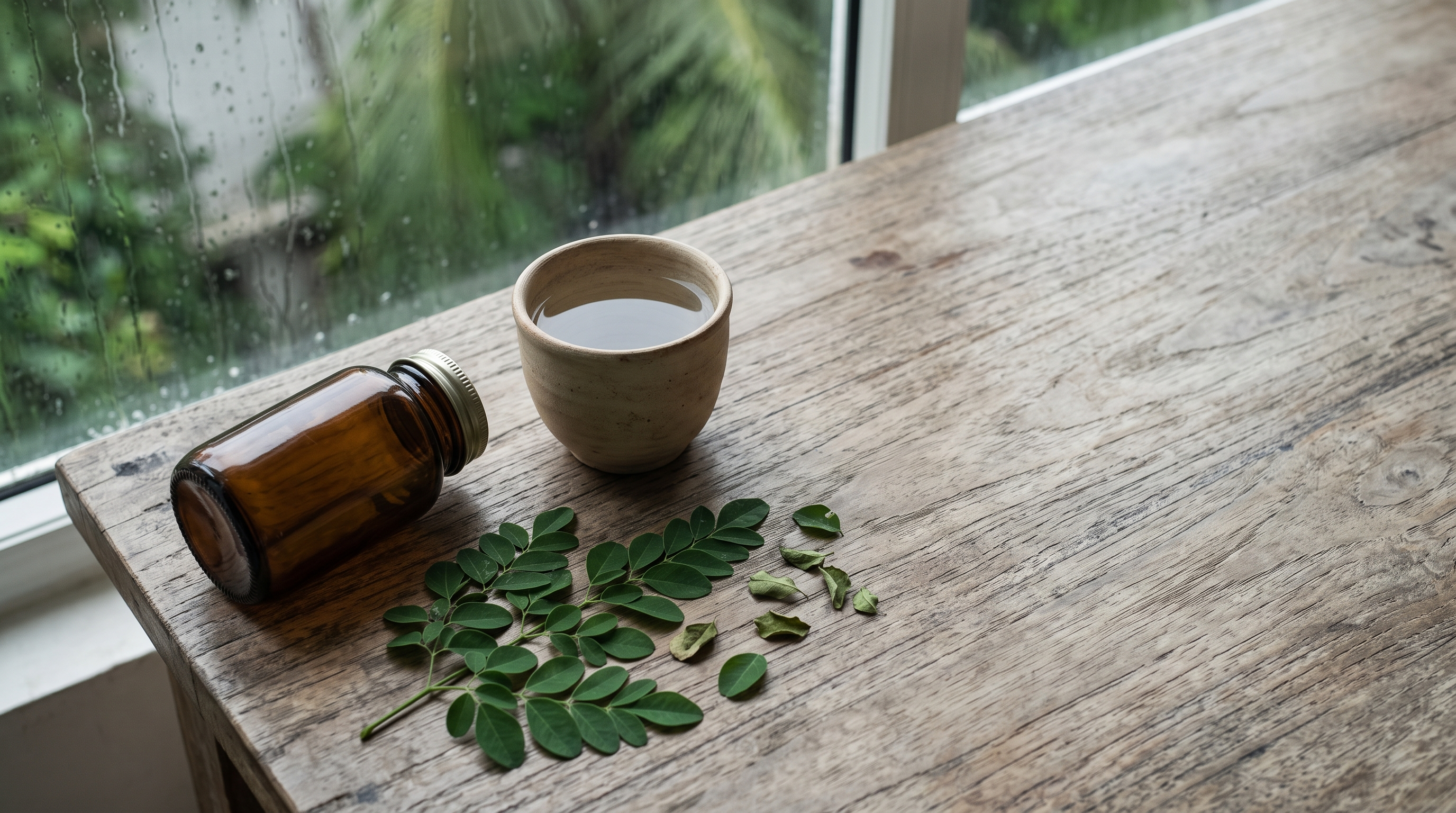A capped amber supplement bottle set aside on a teak table beside a clay cup of water and fresh moringa leaves, with monsoon rain on the window behind