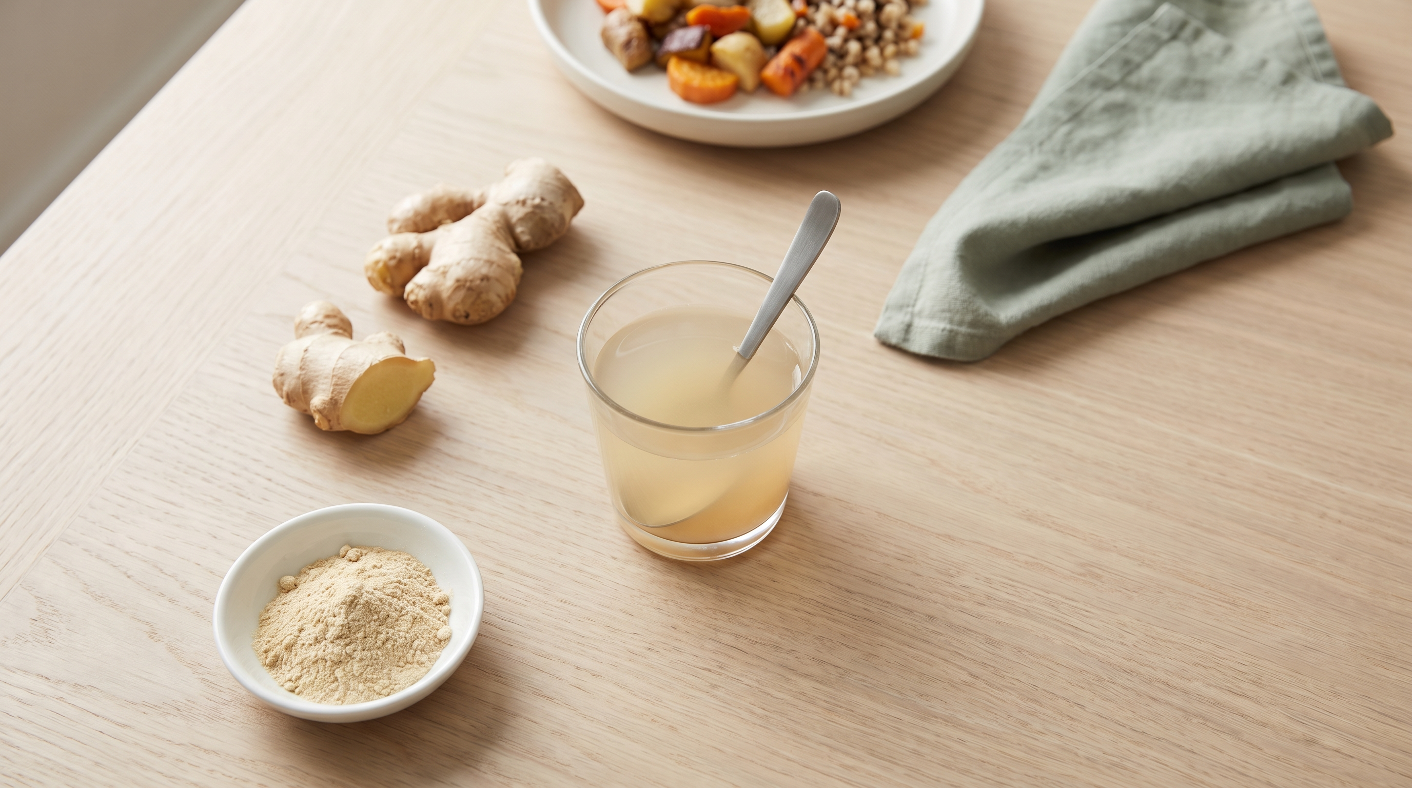 A glass of warm ginger water with a teaspoon, fresh ginger root, a bowl of ginger powder and a plate of food on a pale wooden table