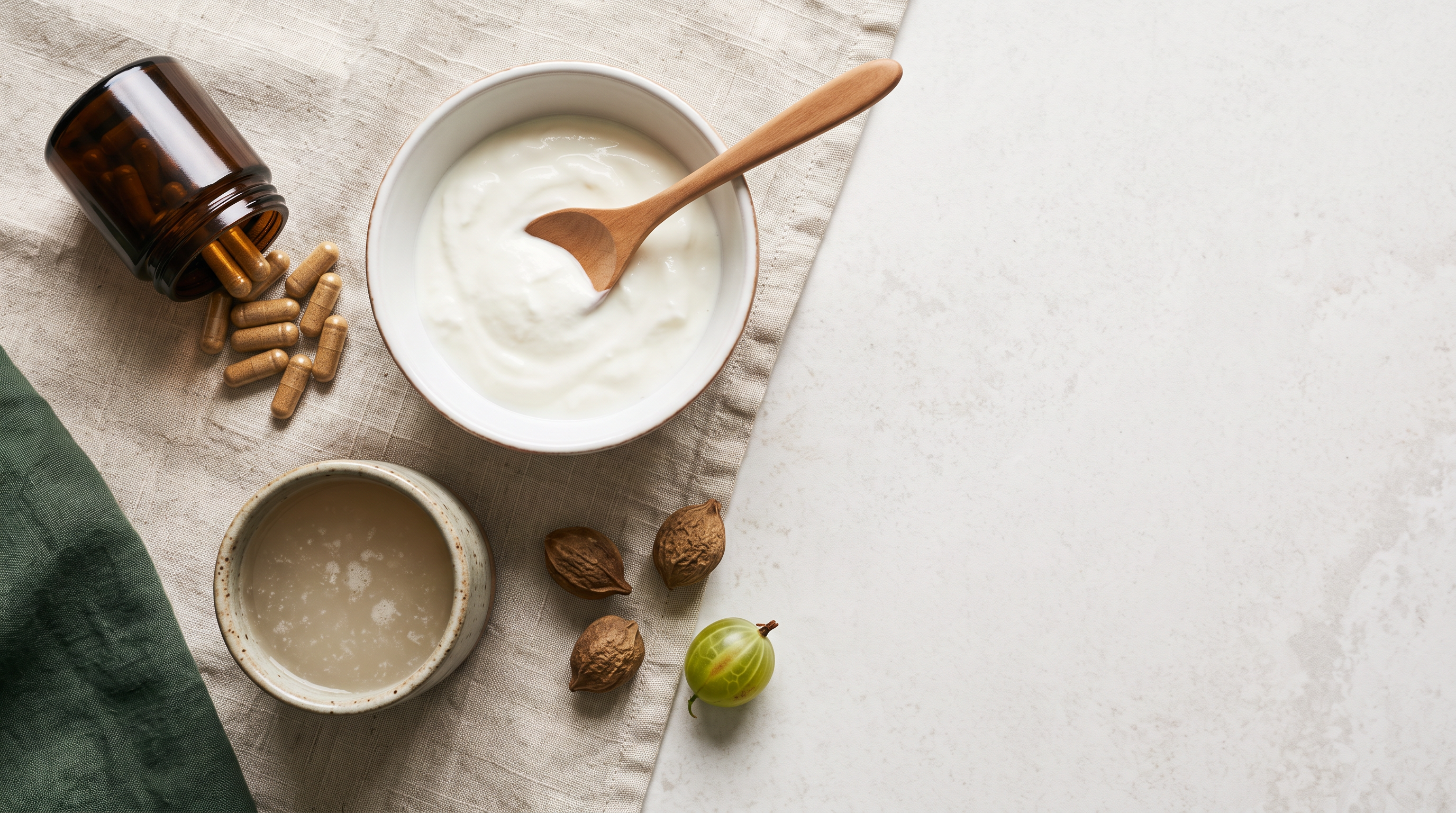 Overhead flat lay of a daily gut routine: herbal capsules spilling from an unlabelled amber jar, a bowl of plain yogurt, a cup of fermented drink, and dried myrobalan fruits with a fresh gooseberry on linen
