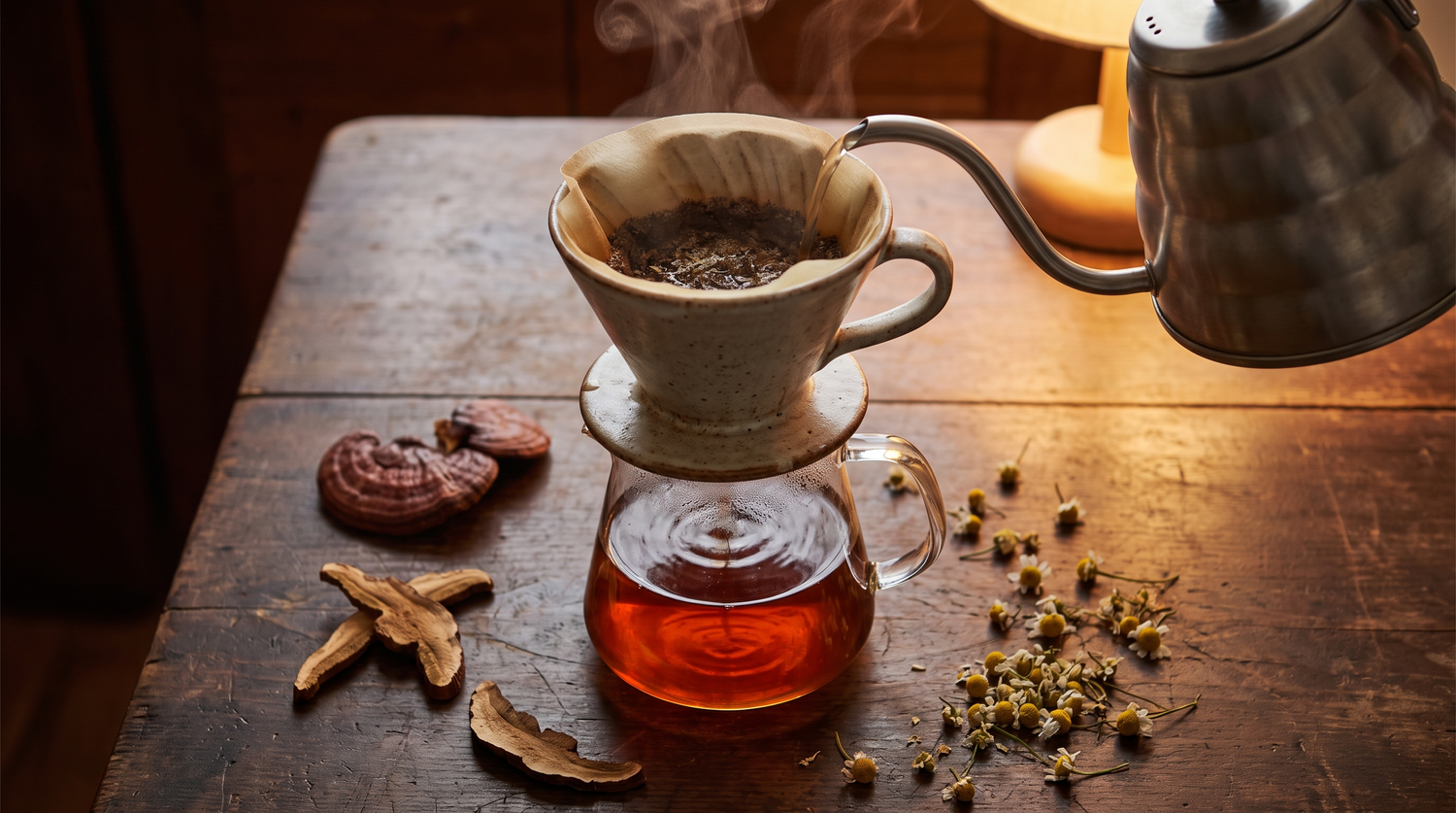 A ceramic pour-over dripper brewing reishi and chamomile tea into a glass carafe of amber tea, with dried reishi slices and chamomile flowers on a dark wooden table