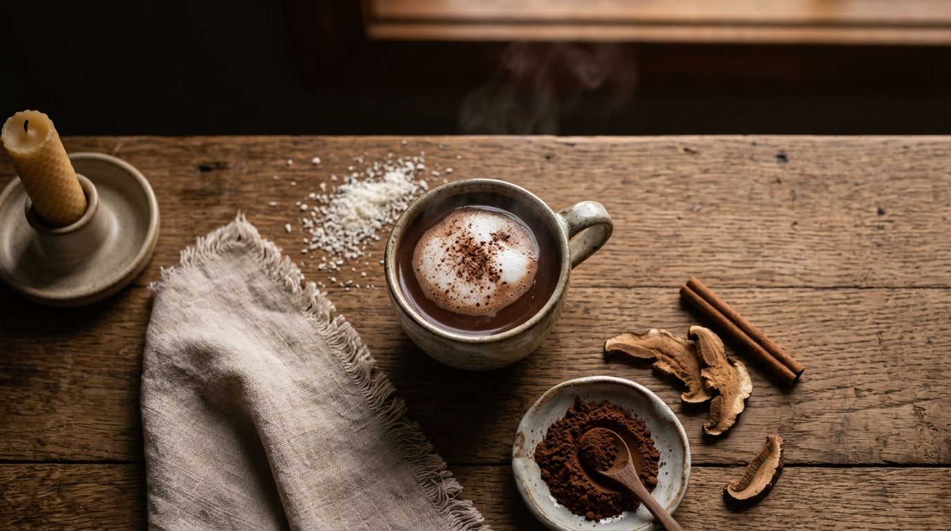 A warm mug of reishi hot cocoa with cocoa dusting and rising steam, beside cinnamon, dried reishi slices, and coconut milk powder on a rustic wooden table