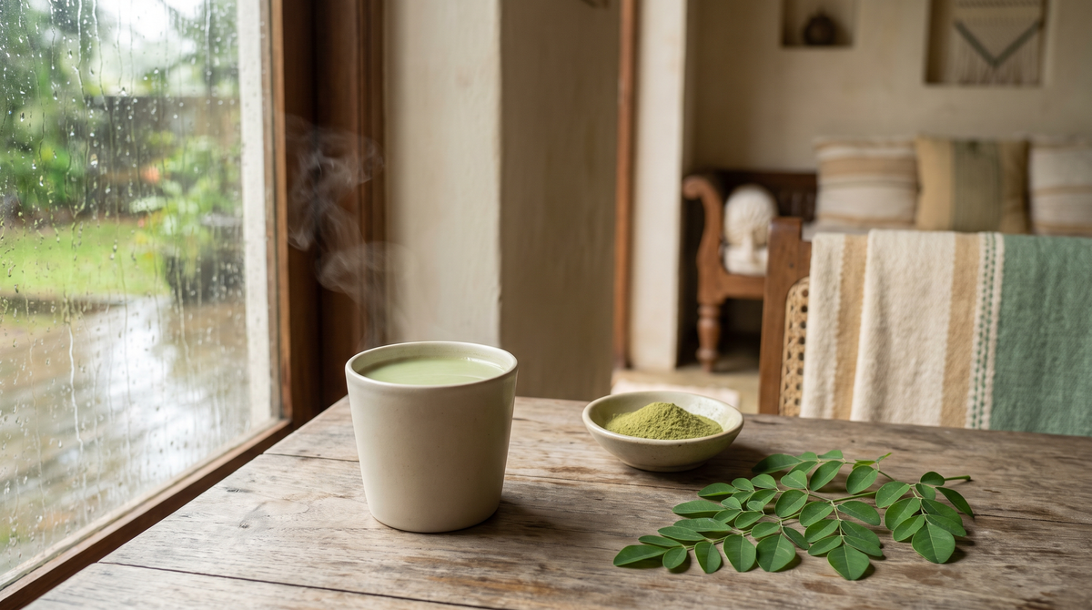 A pale green moringa latte in a plain ceramic cup beside fresh moringa leaves, with monsoon rain on the window behind