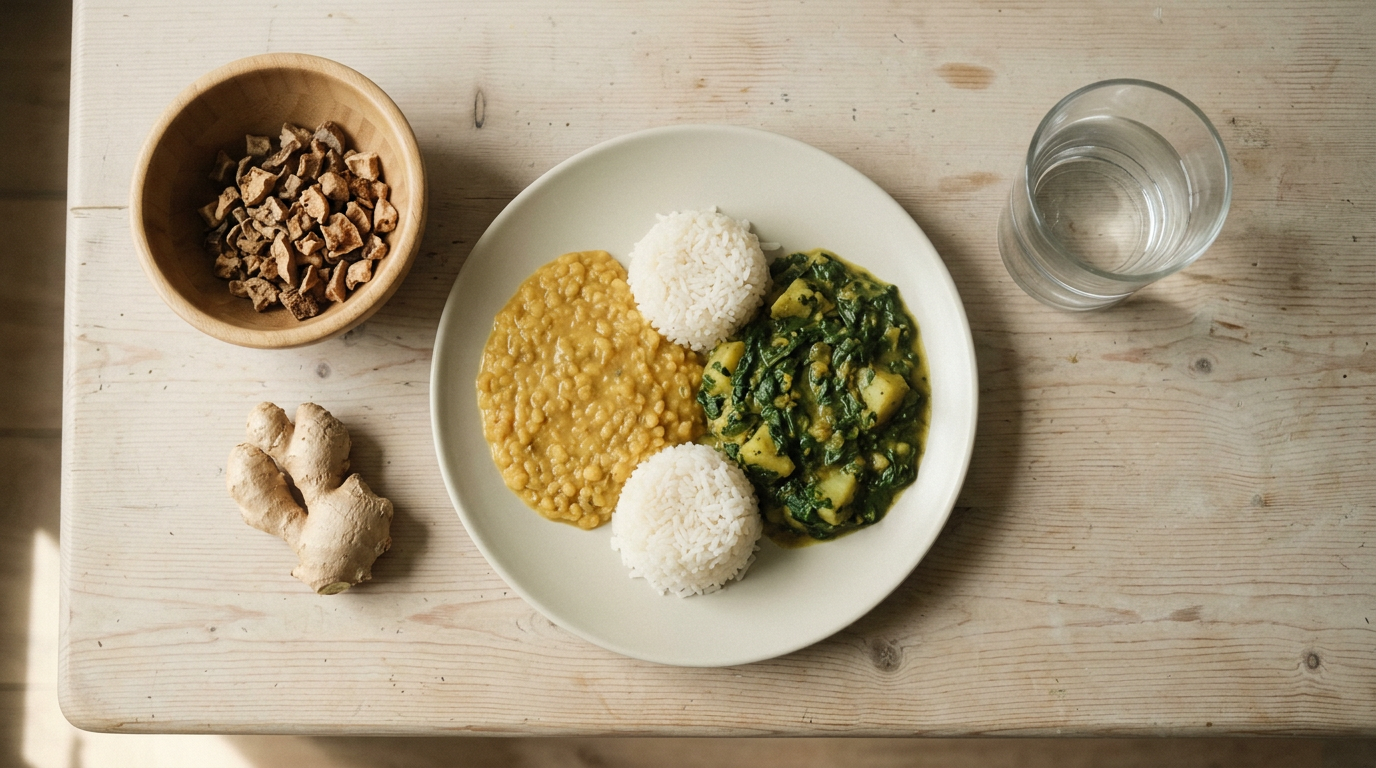 An overhead flat-lay of a home-cooked rice and curry meal on a plain plate, beside a wooden bowl of dried Triphala fruit pieces, fresh ginger root, and a glass of water on a bare wood table.
