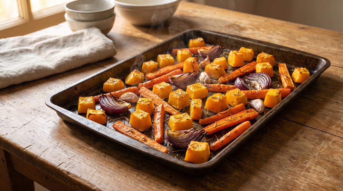 Baking tray of roasted pumpkin, carrot, red onion and garlic with dried rosemary on a wooden kitchen table