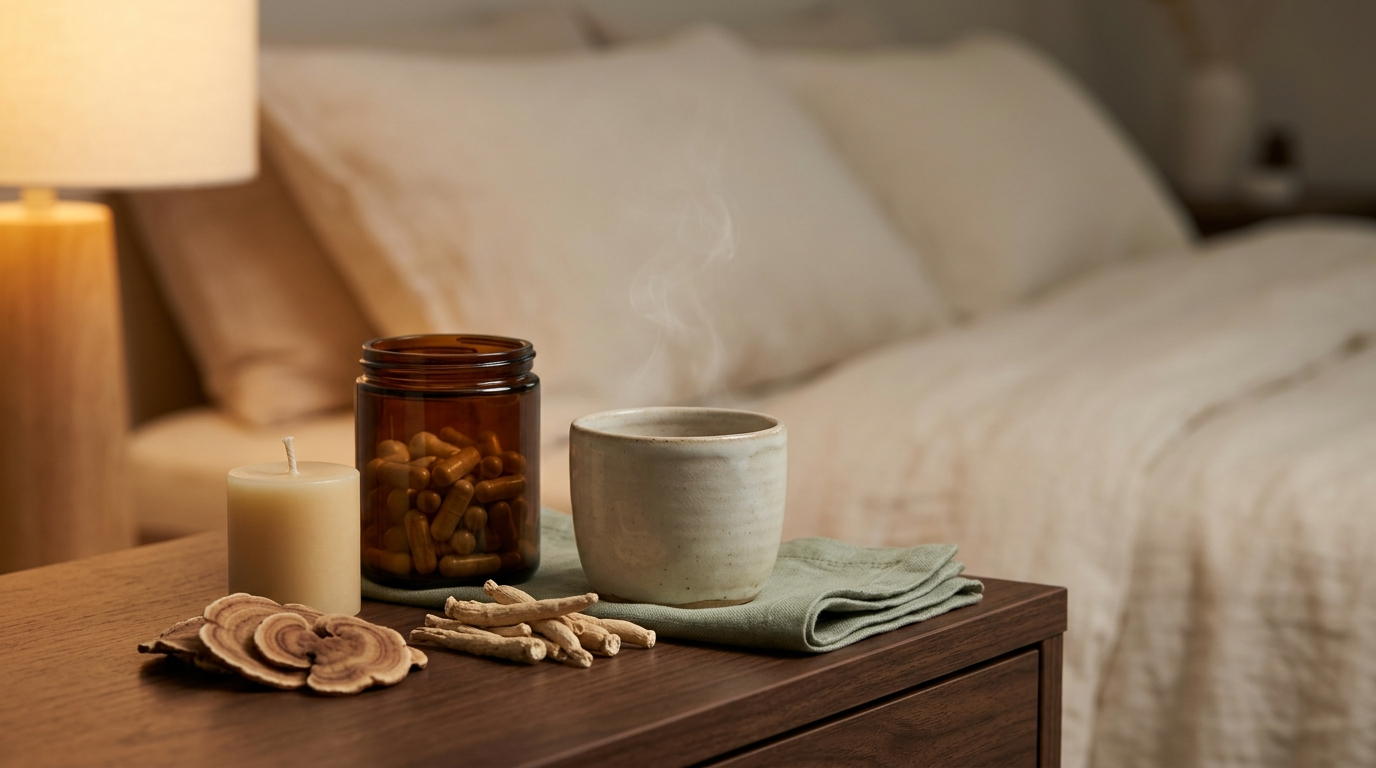 A calm evening nightstand still life with an amber jar of capsules, a warm cup of herbal tea, dried reishi and roots, and a folded linen beside a softly lit bed.