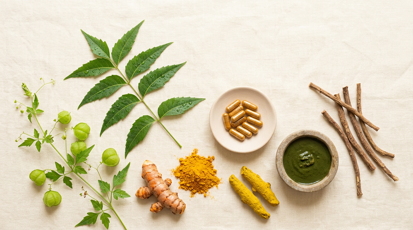 Sri Lankan skin-care herbs flat-lay: neem leaves, balloon vine (Welpenela) pods, fresh turmeric root and golden powder, venivel and sarsaparilla roots, herbal capsules, and green herbal paste on cream linen