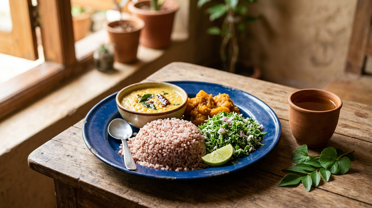 An everyday Sri Lankan lunch plate of red rice, dhal, pumpkin curry and fresh gotukola mallum, with a clay cup of herbal tea