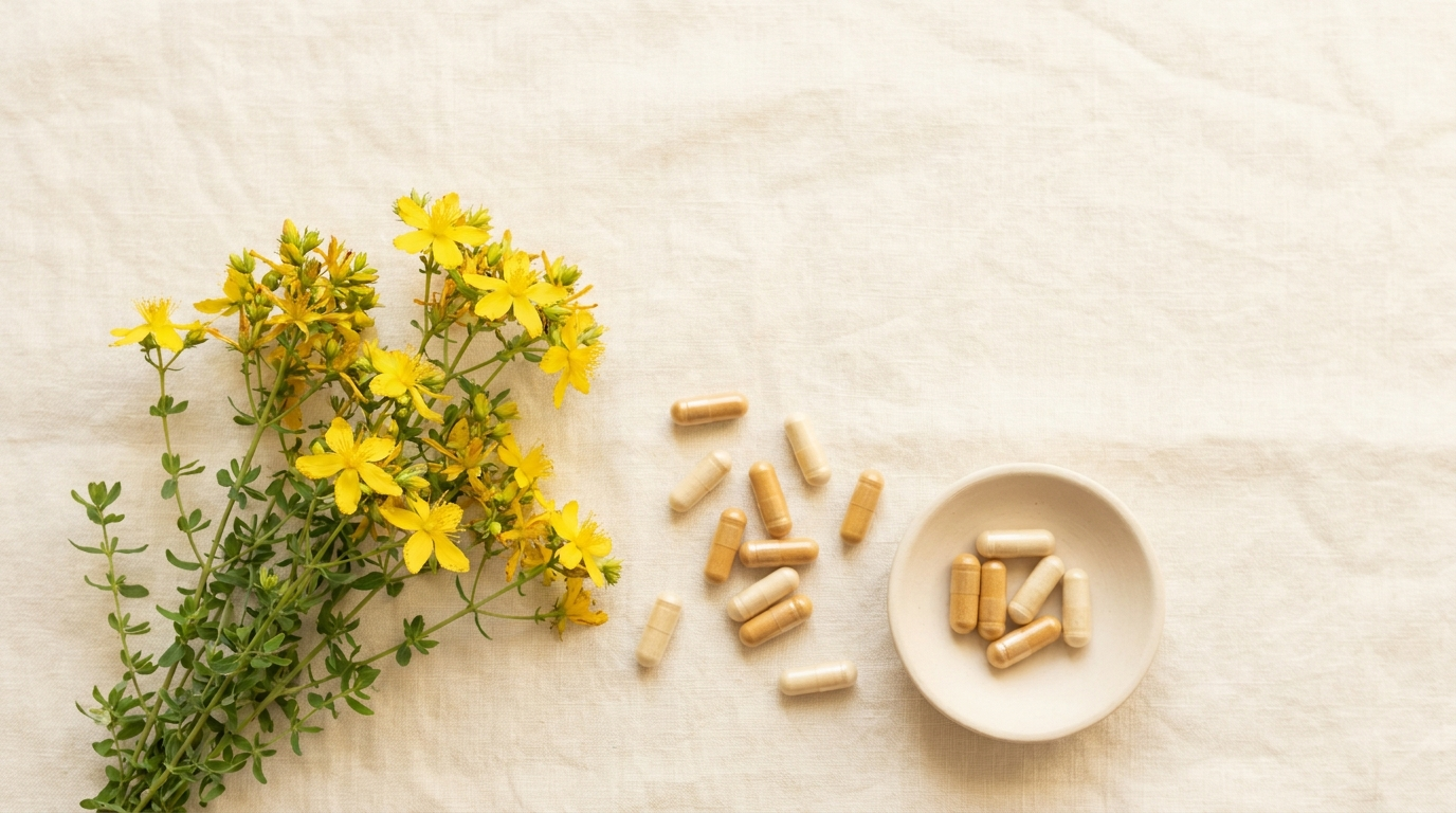 Fresh St. John's Wort wildflowers with bright yellow blooms beside plain herbal capsules and a small ceramic dish on a cream linen surface.
