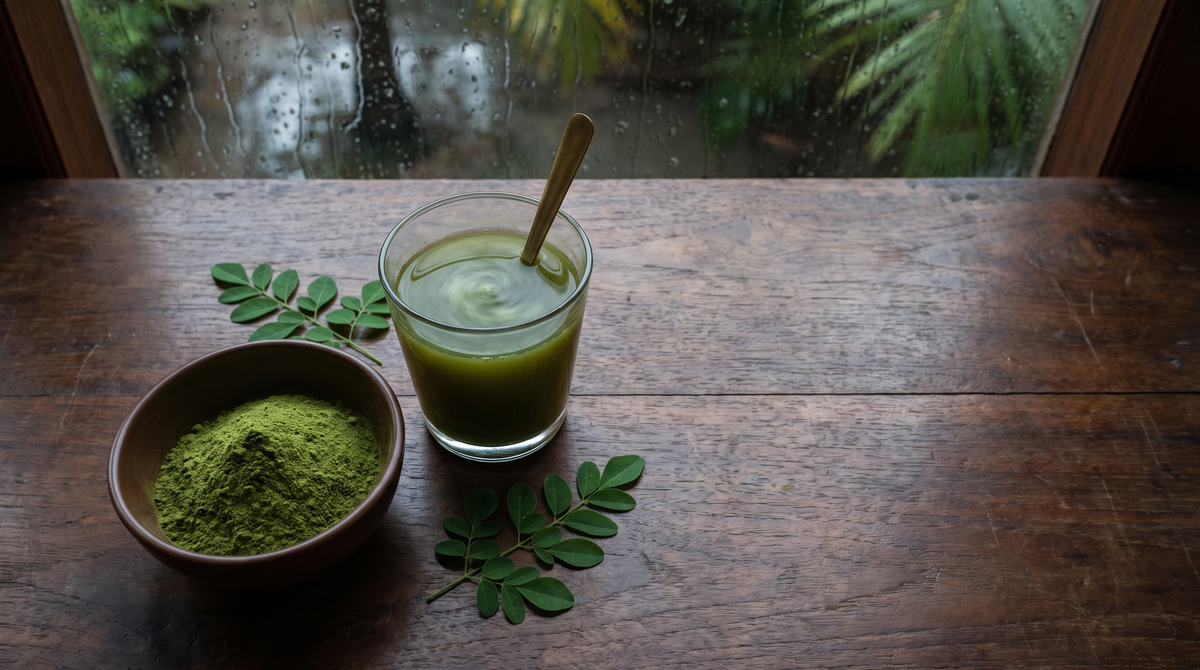 A bowl of green moringa leaf powder, a glass of stirred green drink and fresh moringa leaflets on a teak table beside a rain-streaked window