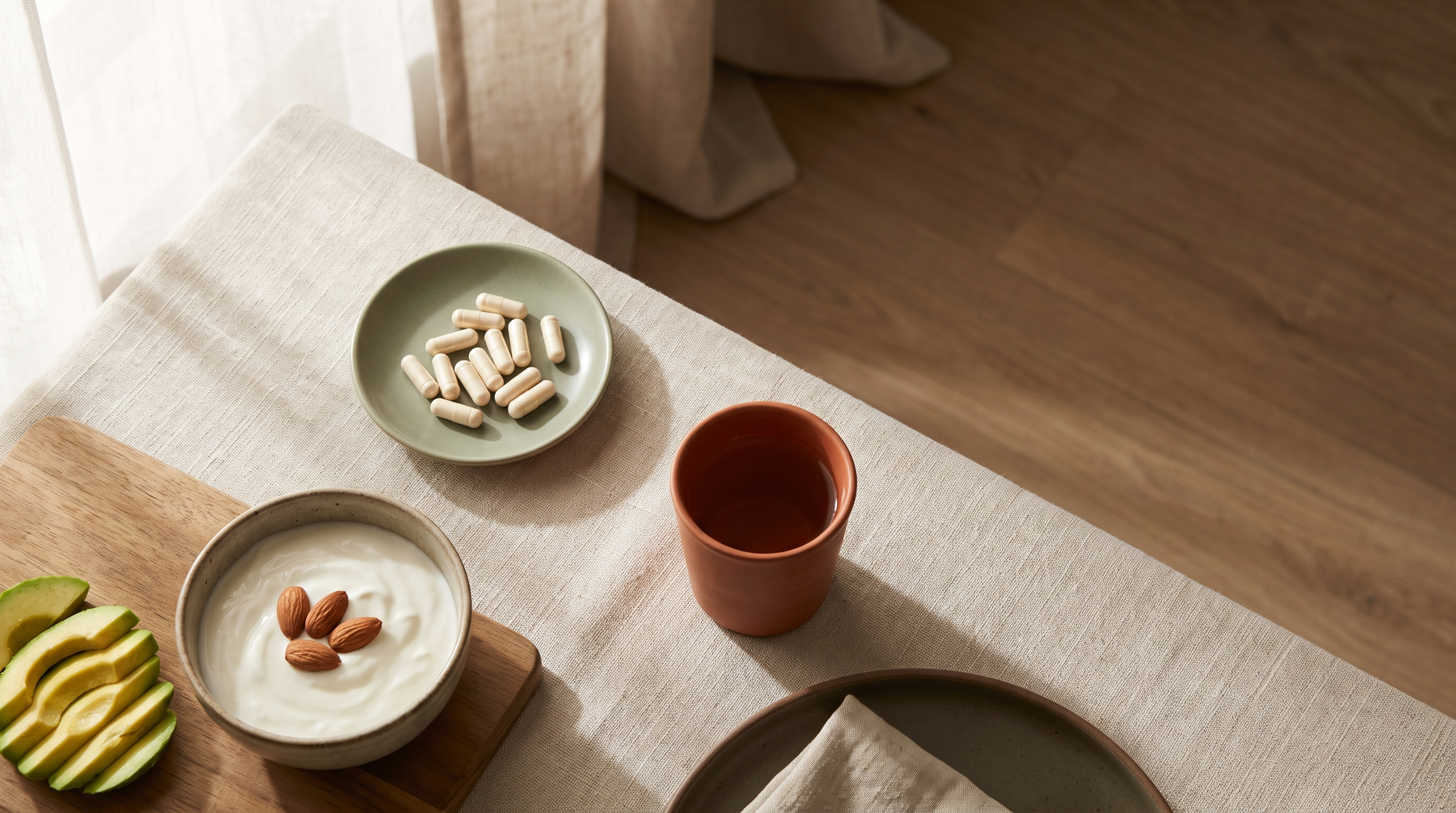 Plain capsules in a small ceramic dish beside yoghurt, almonds and sliced avocado on a linen-covered morning table