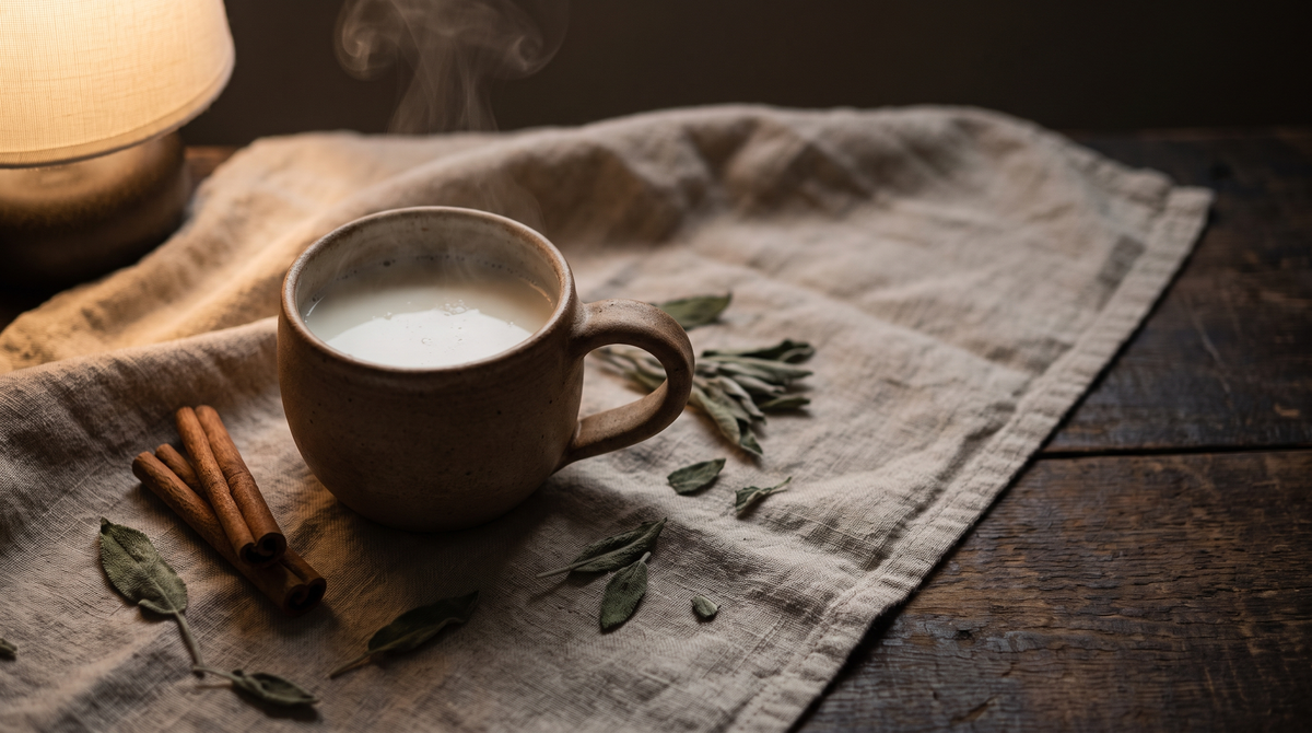 A steaming ceramic cup of warm milk beside cinnamon quills and dried leaves on linen, lit by a warm evening lamp
