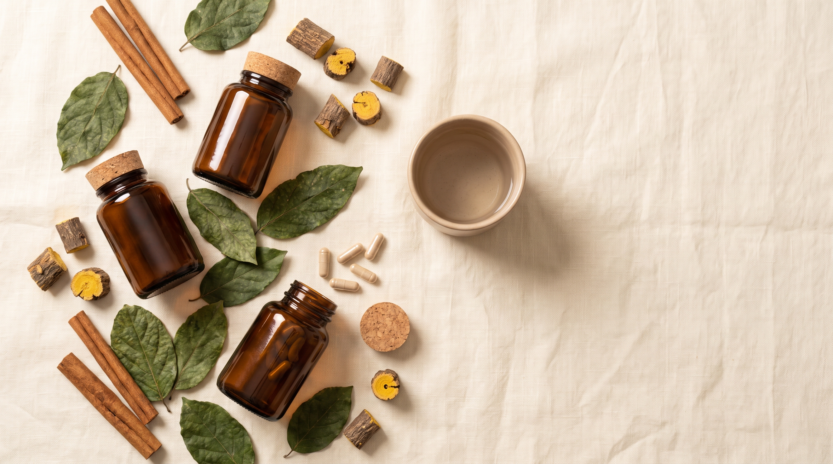 Three unlabeled amber supplement bottles with gymnema leaves, Ceylon cinnamon quills and yellow-cored venivel wood on cream linen