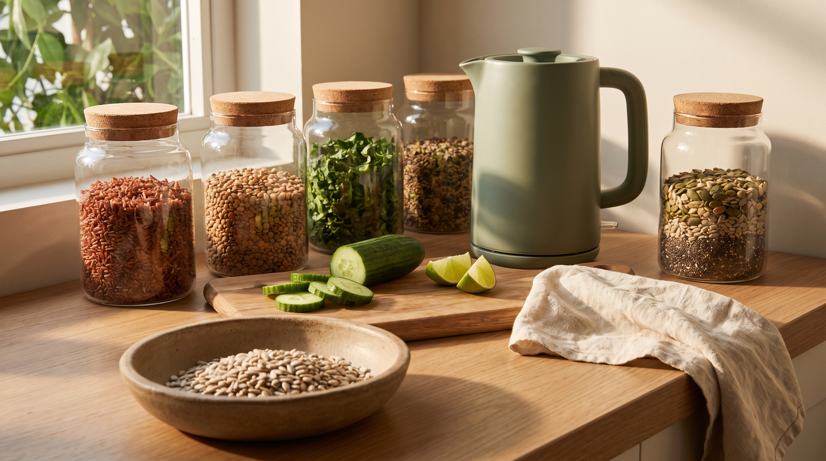 Glass jars of cooked red rice, lentils, chopped greens and seeds beside a bowl of sunflower seeds on a sunlit wooden kitchen counter