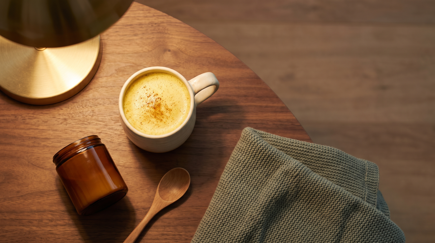 A ceramic mug of warm golden milk beside an unlabeled amber jar, a wooden spoon, and a folded sage green throw blanket on a wooden table, lit by warm lamplight for a Sunday evening wind-down ritual.