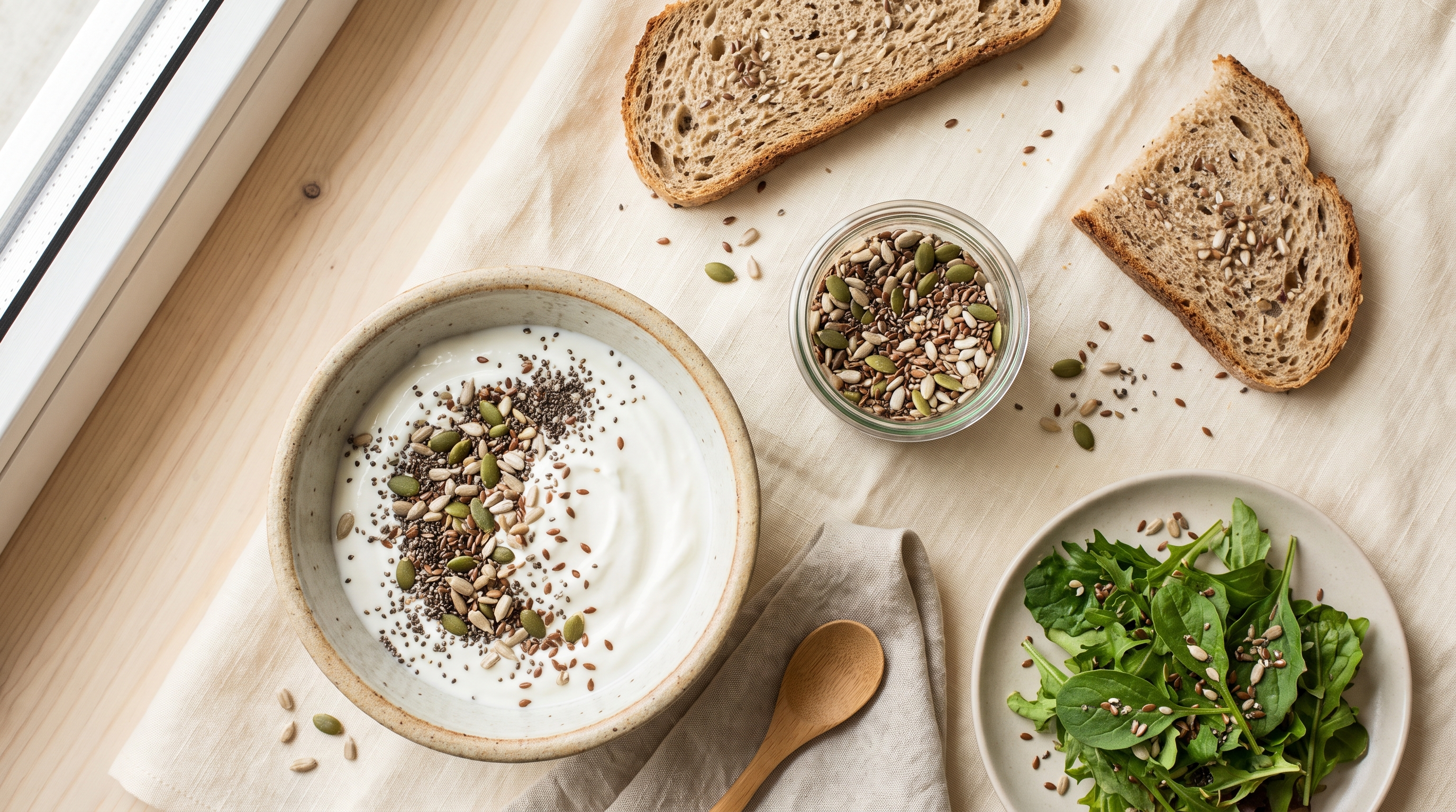 Flat-lay of yogurt topped with mixed seeds, a jar of flax chia pumpkin and sunflower seeds, seeded bread, and a seed-topped green salad