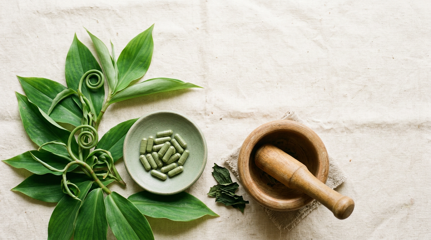 Fresh Thebu canereed leaves with spiral stems beside a sage dish of green capsules and a wooden mortar on cream linen
