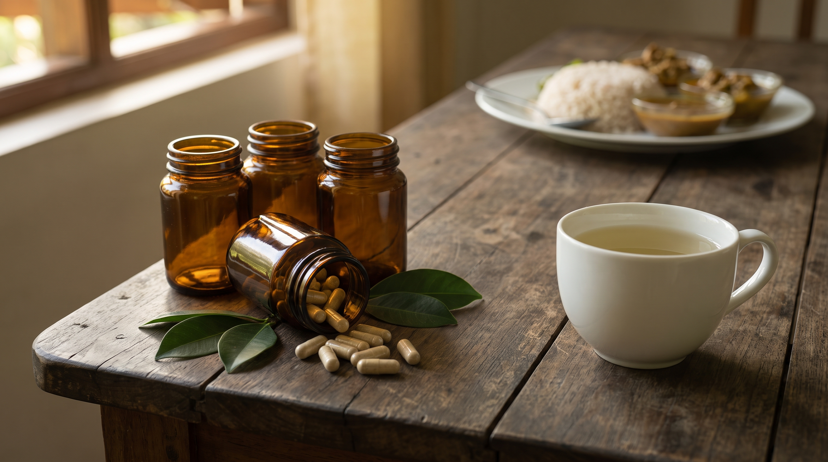 Three unlabelled amber herb jars, loose capsules and a cup of herbal tea on a wooden table beside a plate of rice and curry