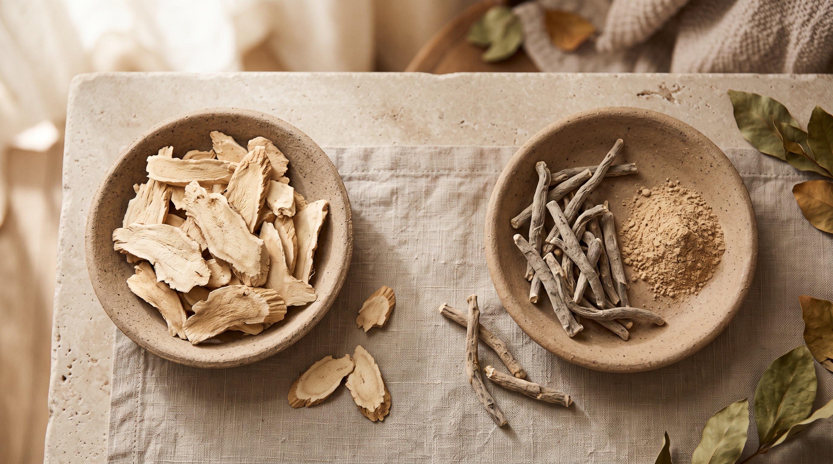 Dried tongkat ali root slices and ashwagandha root pieces with root powder in two plain clay dishes on a linen covered stone table