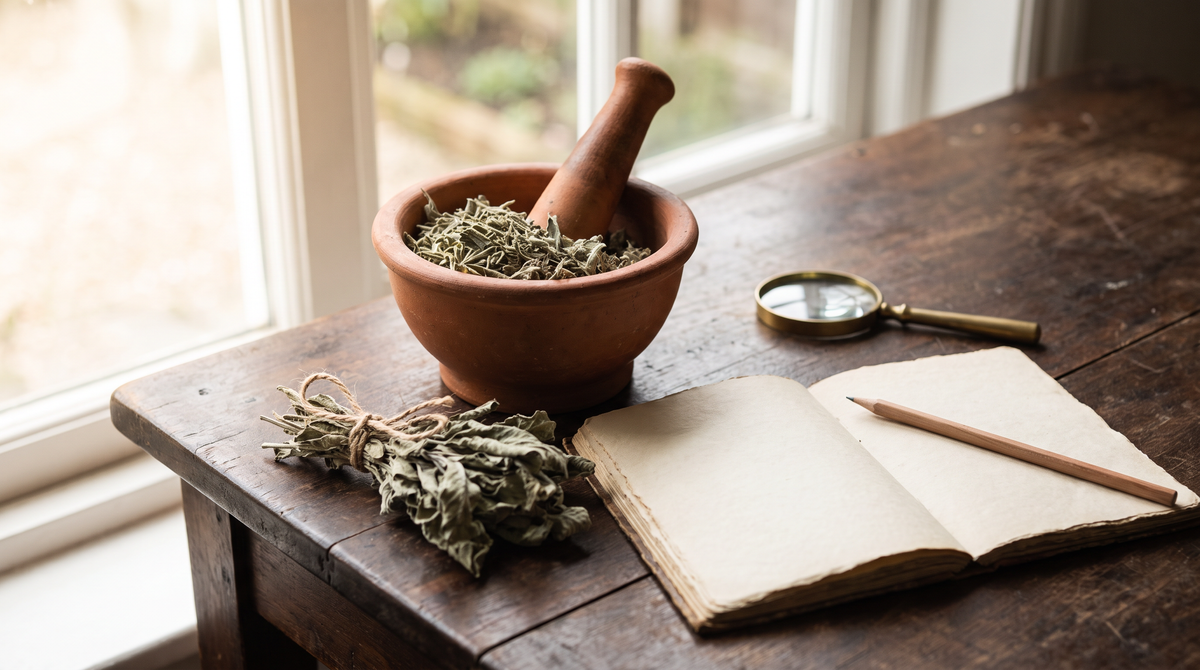 Terracotta mortar of dried herbs beside a blank notebook, pencil and magnifying glass on a wooden table by a window