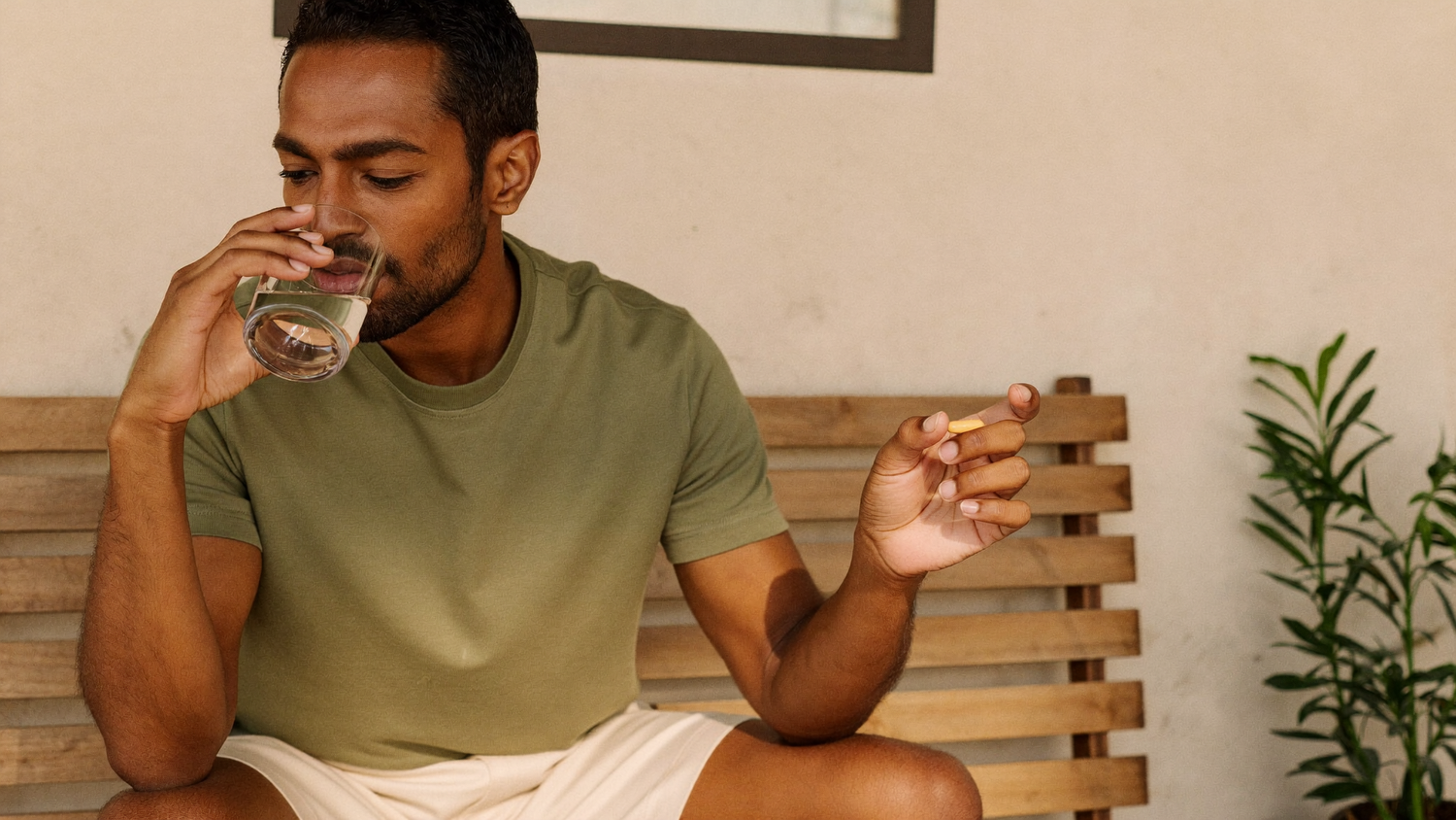 A South Asian man in his forties sitting on a wooden bench drinking a glass of water and holding a single supplement capsule in soft morning light.