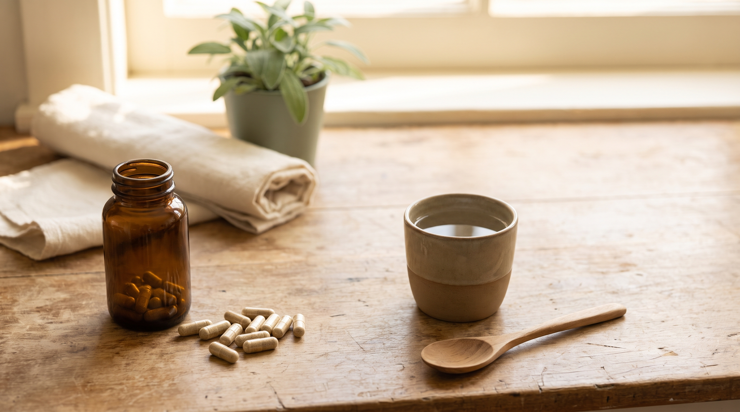 A calm morning flat lay of Triphala capsules beside a glass of water on a wooden kitchen counter
