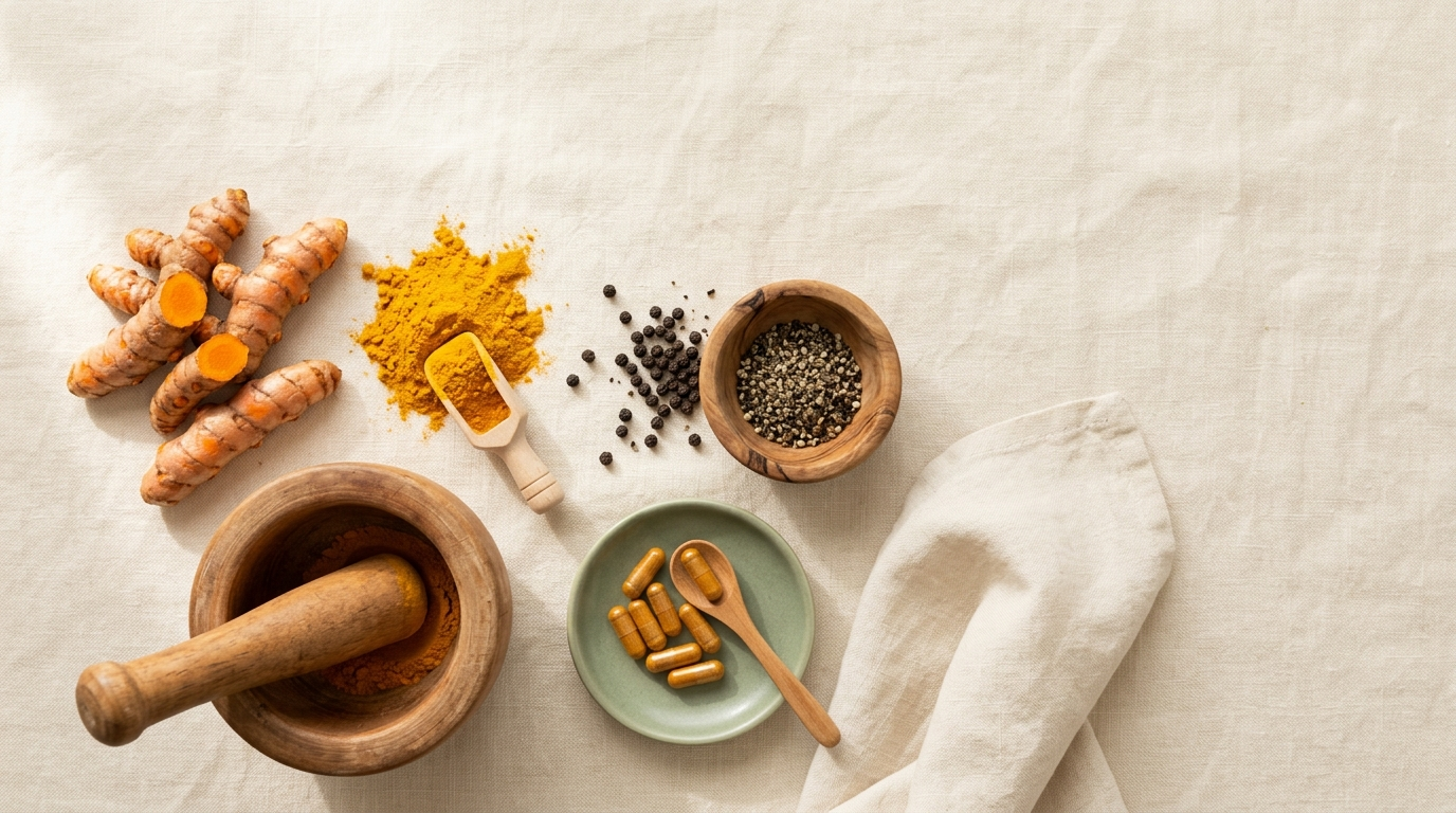 Flat-lay of fresh turmeric rhizomes, golden turmeric powder, black peppercorns, mortar and pestle, and amber capsules on cream linen