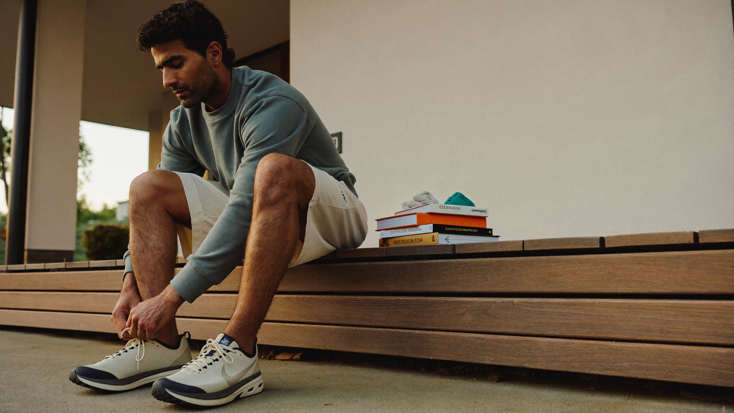 A South Asian man in his early forties lacing trail running shoes on a wooden bench at dawn, modern wellness lifestyle aesthetic.