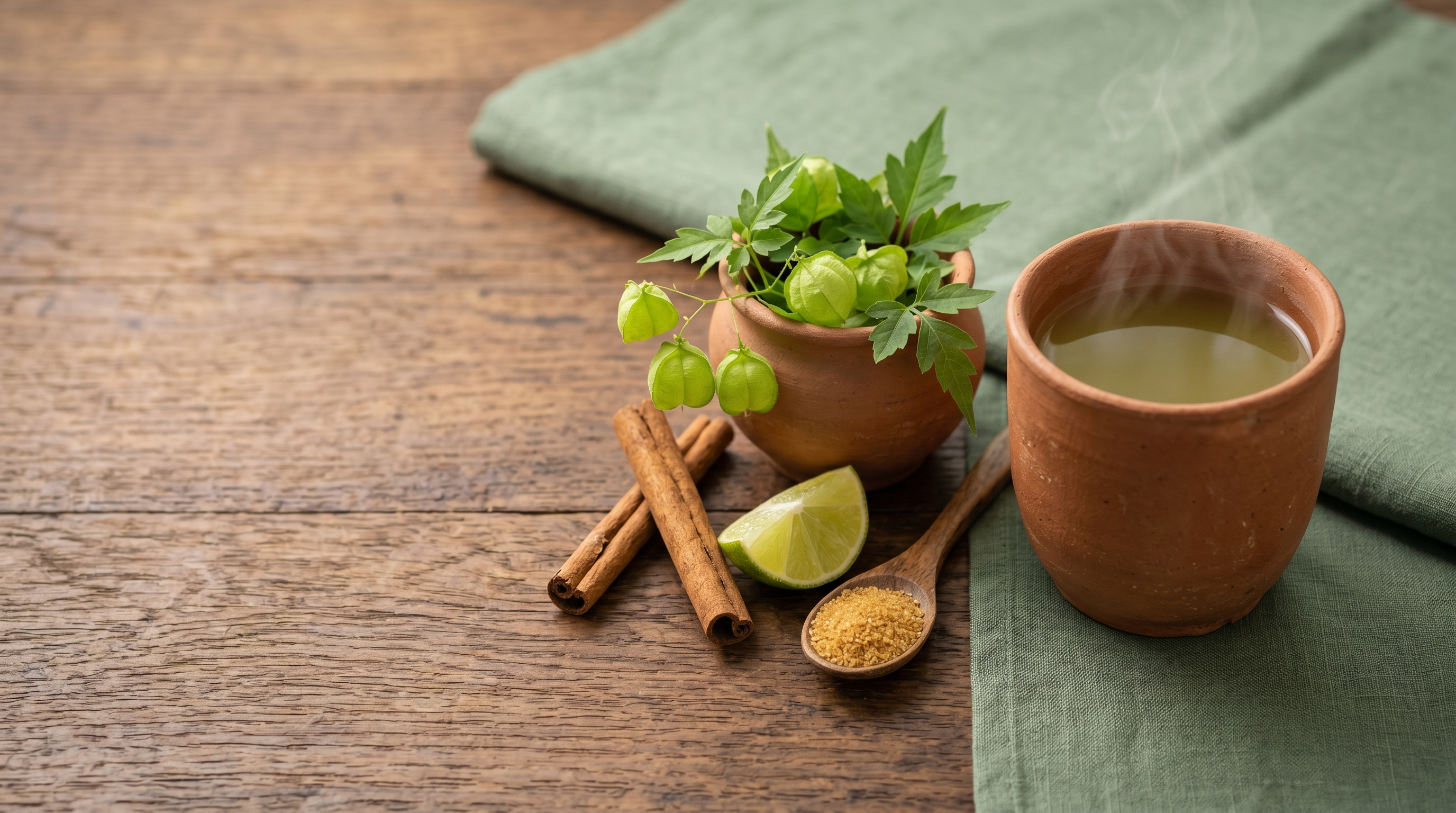 A clay cup of steaming pale green-gold Welpenela herbal infusion beside a clay pot of balloon vine leaves, cinnamon sticks, a lime wedge, and a wooden spoon of coconut sugar on a warm wood counter.