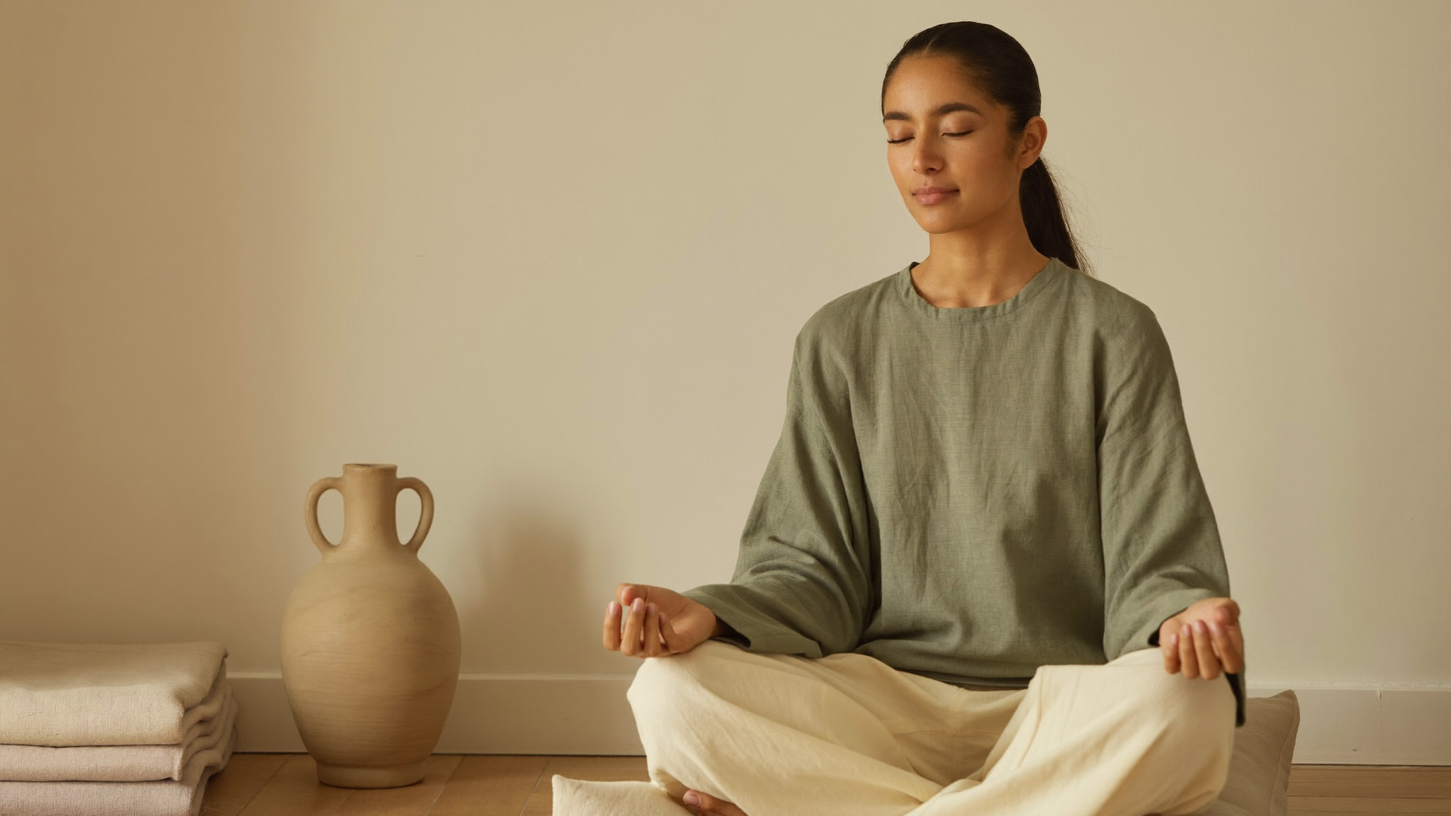 A South Asian woman in her late twenties sitting cross-legged on a floor cushion meditating with her eyes closed beside a plain clay pot in a calm, sunlit Sri Lankan home corner.