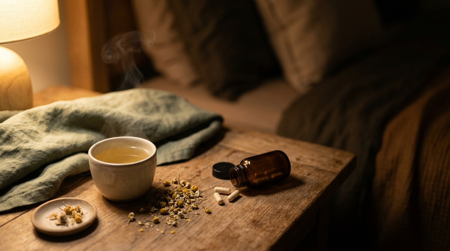 A warm bedside still life at night: a soft glowing lamp, a steaming ceramic cup of pale herbal tea, scattered dried chamomile flowers, a plain amber supplement bottle with cream capsules, and a folded sage linen throw on a wooden nightstand.