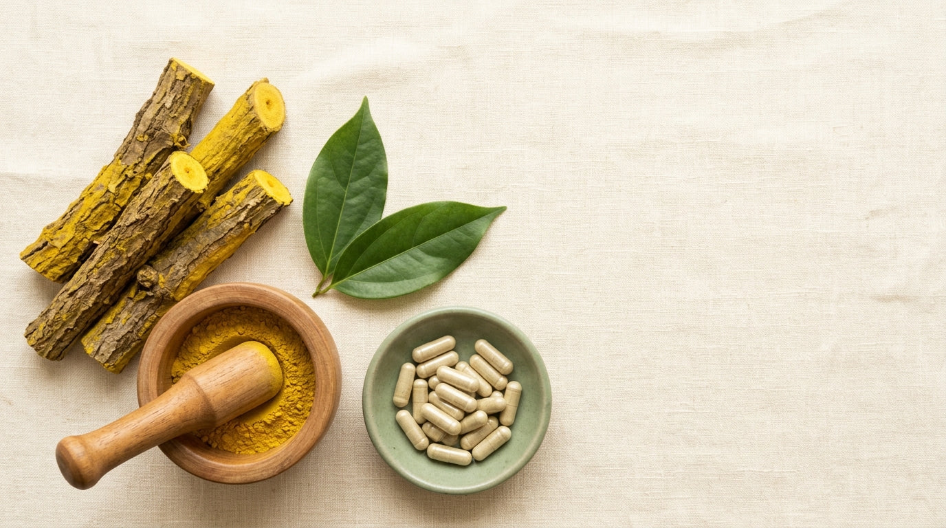 Overhead flat-lay of bright yellow Venivel stems with vivid yellow cross-sections, green leaves, a wooden mortar of yellow powder and a sage dish of herbal capsules on cream linen