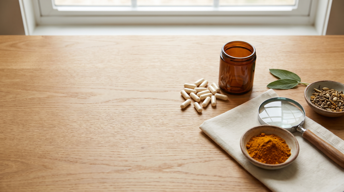Plain amber glass jar, loose capsules, a magnifying glass on a linen napkin and small bowls of powder and dried herbs on an oak table