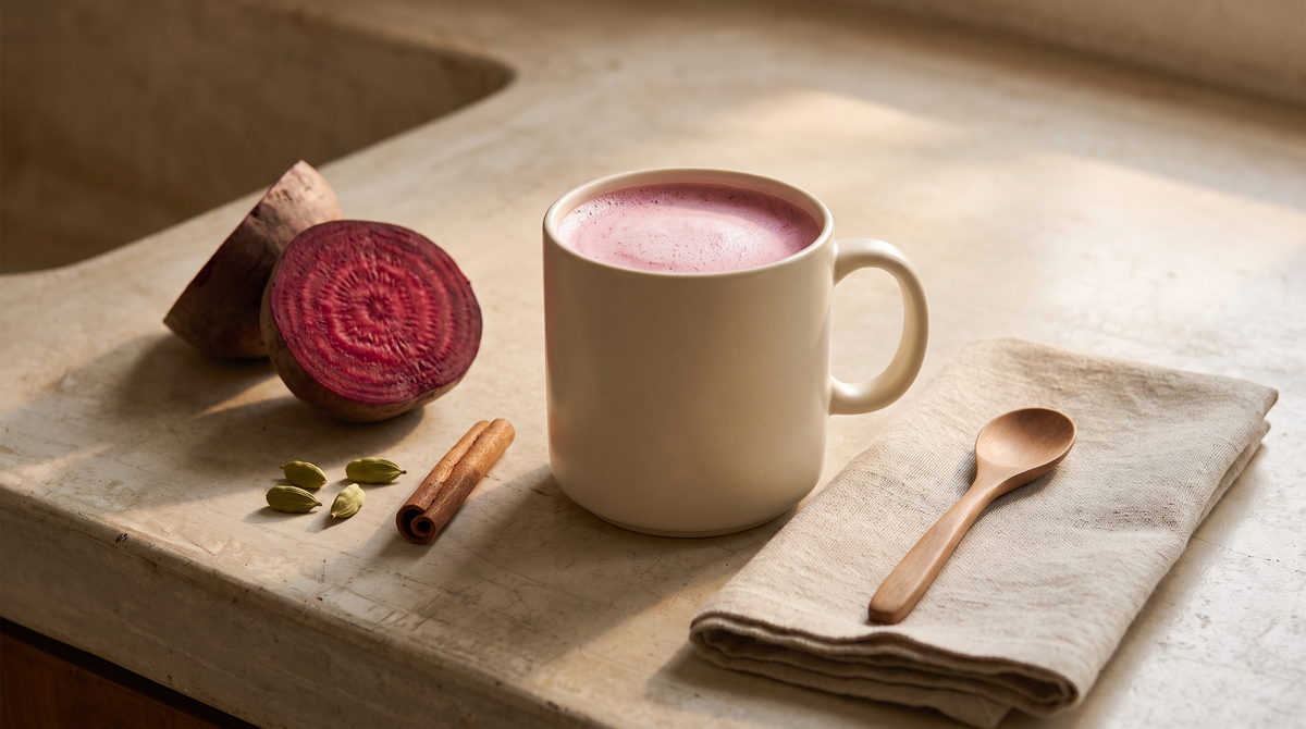A warm pink beetroot latte in a cream mug beside a halved beetroot, green cardamom pods and a cinnamon quill on a stone counter