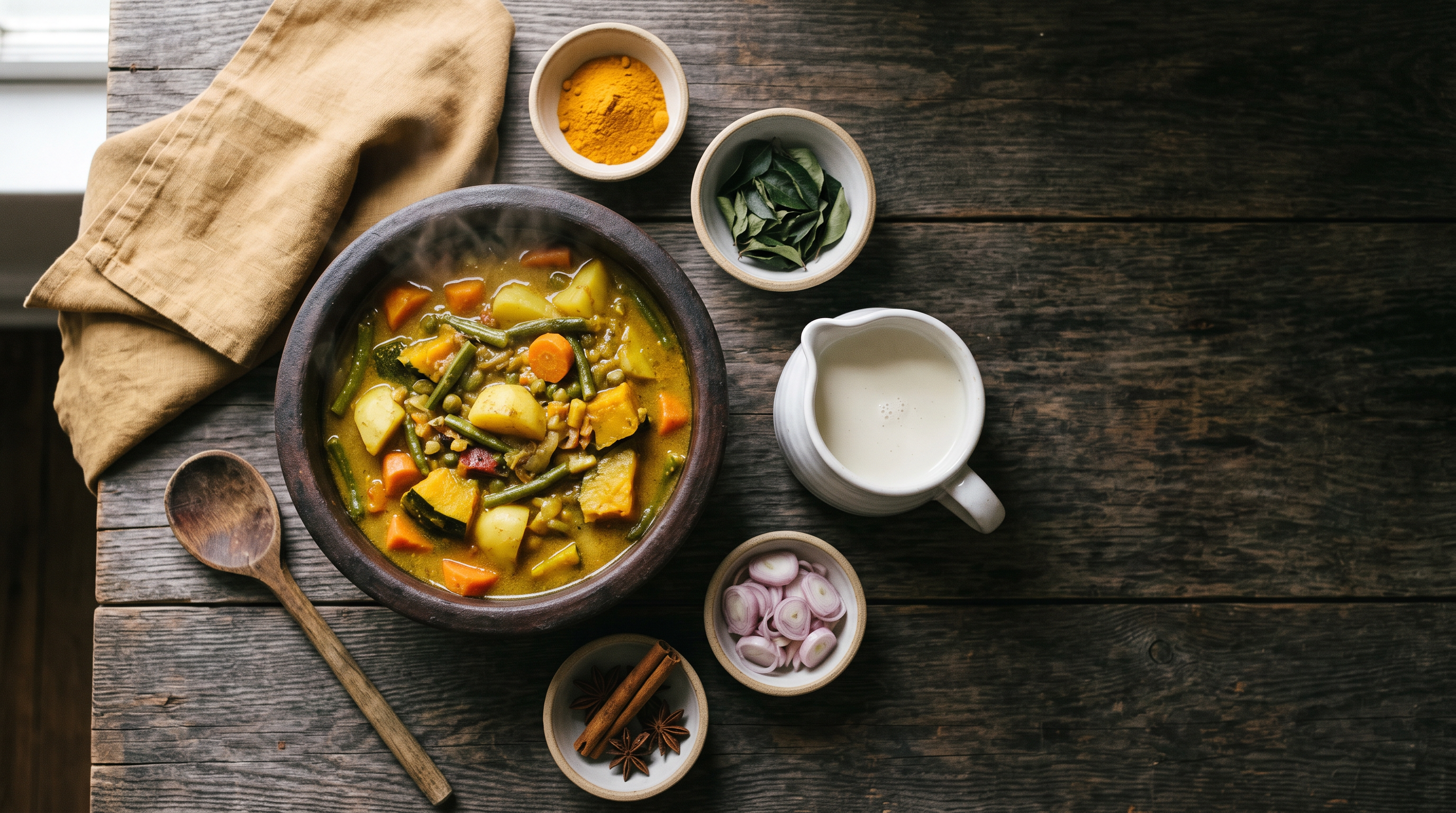 Overhead flat lay of a Sri Lankan coconut milk vegetable curry in a dark clay pot with bowls of turmeric, curry leaves, cinnamon, shallots and a jug of coconut milk on a rustic wooden table