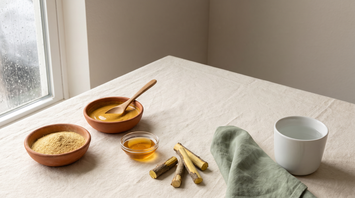 Two terracotta bowls of pale yellow Venivel wood powder and mixed paste beside a dish of honey, cut yellow vine wood and a sage cloth on a cream tablecloth by a rain-streaked window.