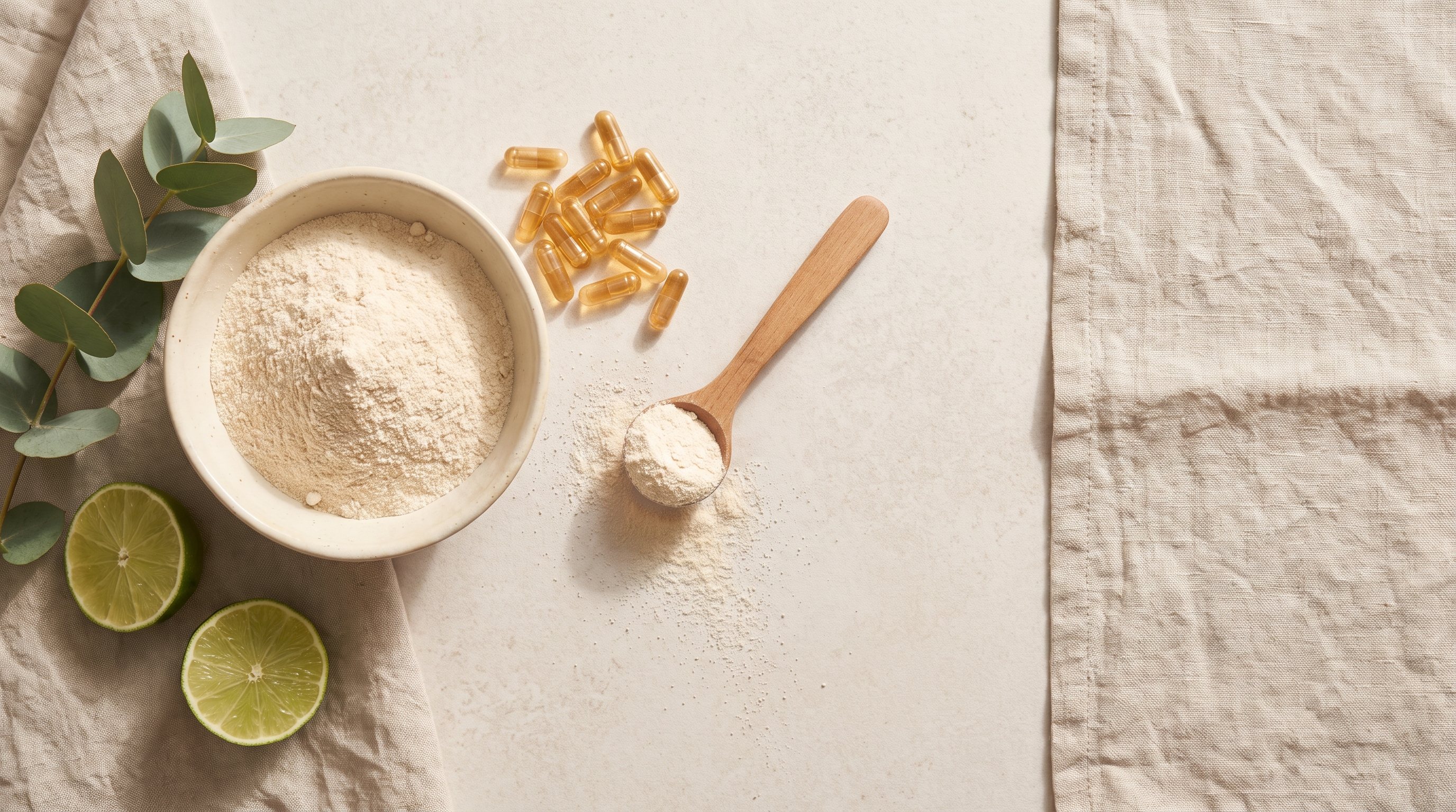 Overhead flat lay of collagen powder in a plain ceramic bowl beside amber capsules, a wooden spoon of powder, halved limes and eucalyptus on pale linen