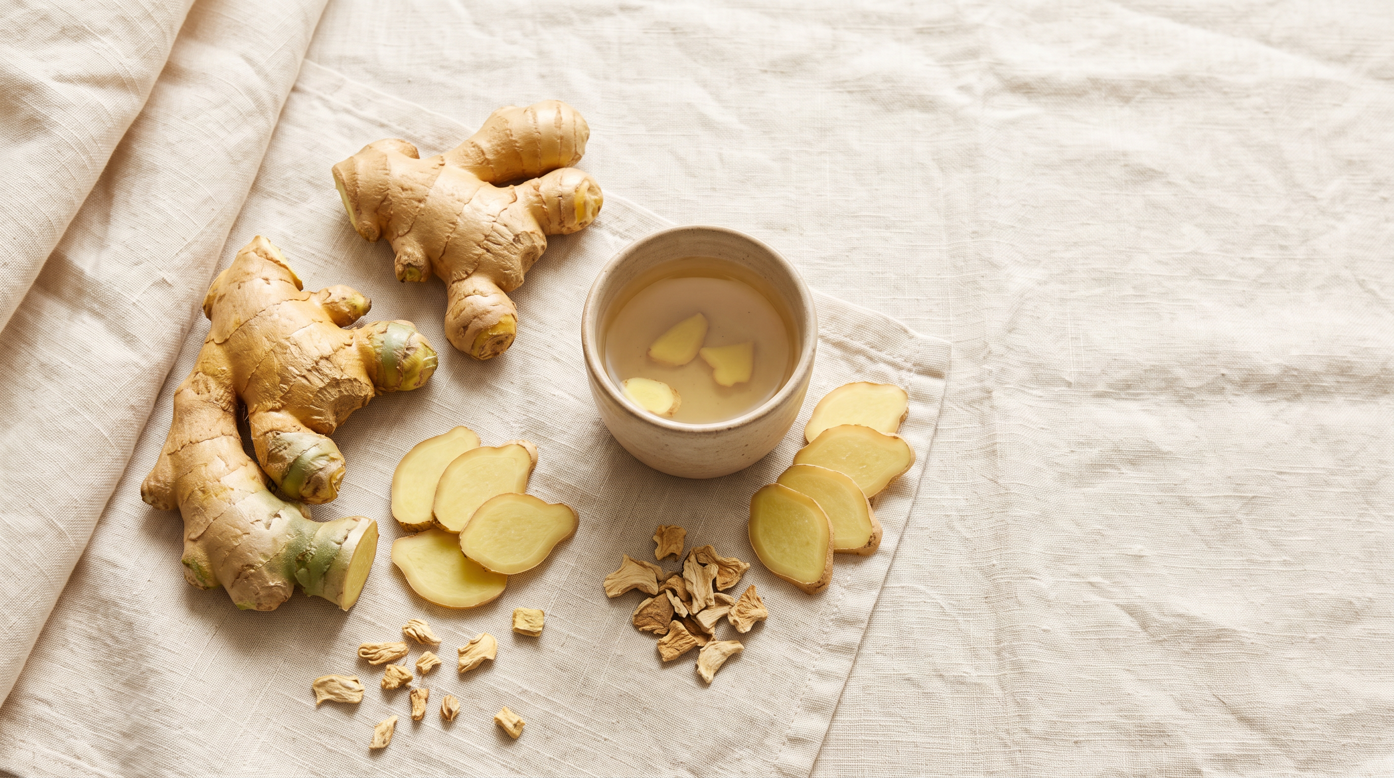 Fresh ginger rhizomes, thin ginger slices and a plain ceramic cup of ginger infusion arranged on cream linen