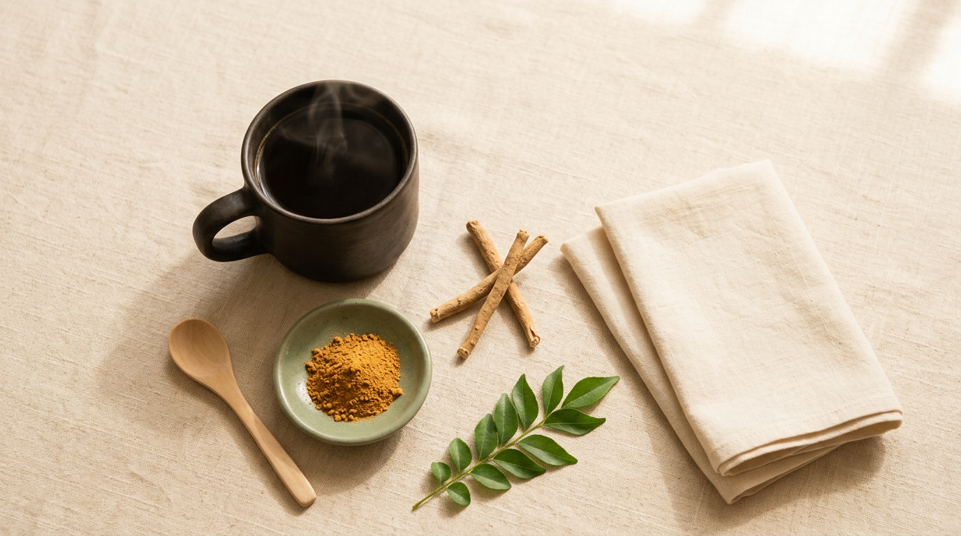 Overhead flat-lay of a plain dark ceramic mug of black coffee, a sage green dish of amber ashwagandha powder, dried roots, fresh green leaves, and a wooden spoon on a warm cream linen surface in soft morning light