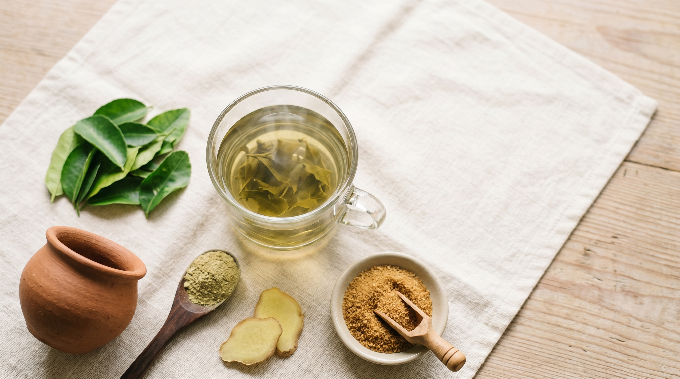An overhead flat-lay of a clear glass cup of pale greenish-gold Yaki Narang leaf tea on a cream linen cloth, with fresh green leaves, a plain clay pot, a wooden spoon of green leaf powder, ginger slices, and a dish of coconut sugar.
